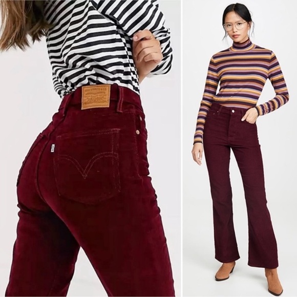 Levi’s Ribcage Flare Corduroy Button Fly Jeans Size 27 Burgundy - Picture 2 of 16